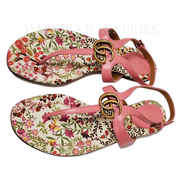 GUCCI SHOES DOUBLE G MARMONT LOGO LEATHER THONG FLORAL SOLE SANDAL sz 40 10 - Picture 4 of 16